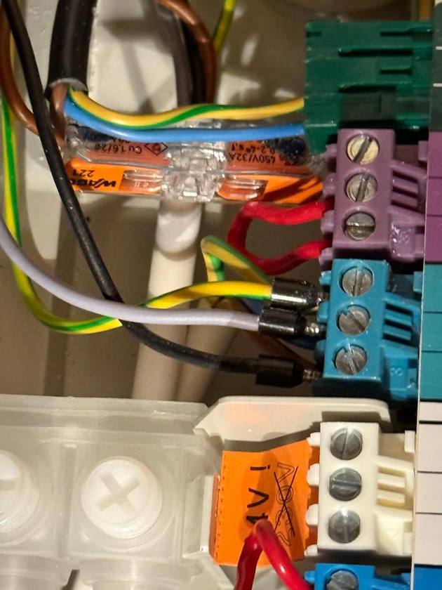 Elektrische Leitungen und Steckverbindungen im geöffneten Steuerbereich einer Gastherme in Ingoldingen.